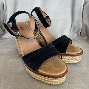 Ugg Womens Laynce Leather Platform Wedge Heels Sandals Black Womens Size 10